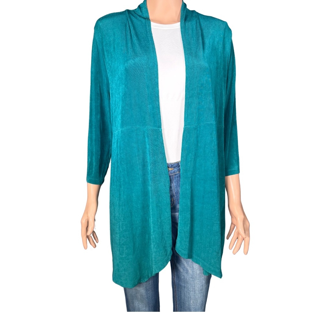 Chicos Travelers Teal Green Ribbed Open Front Cardigan Jacket 2P US 12/14 Petite